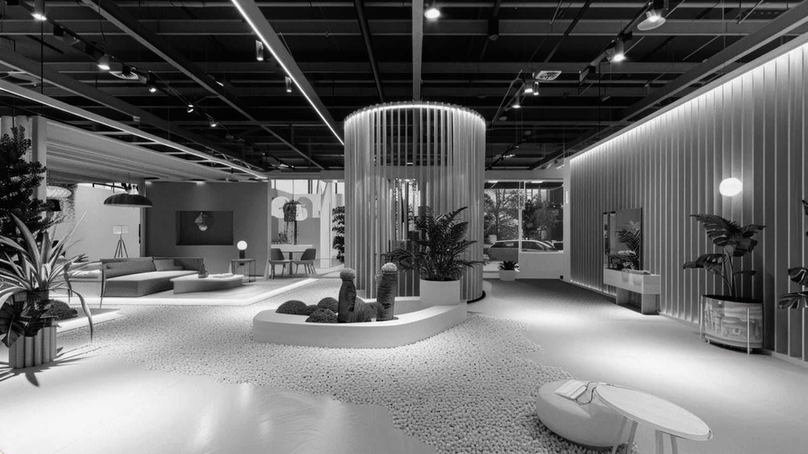 Espace architectural monochrome, structuré par ses volumes et ses circulations.