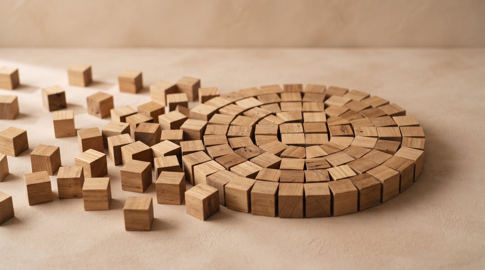 Cubes de bois disposés en spirale, évoquant un cycle.