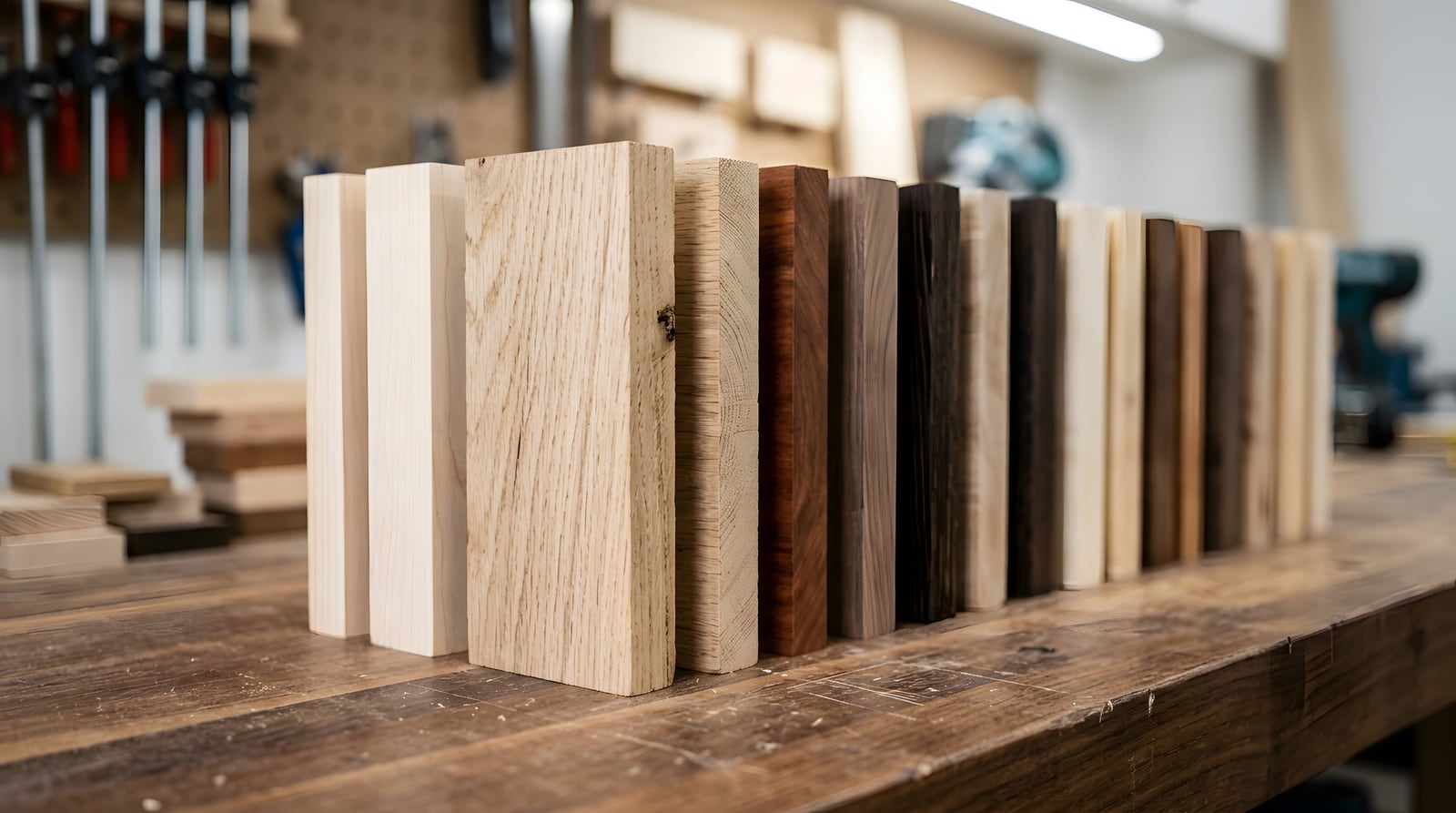 Échantillons de bois massif alignés sur un établi.