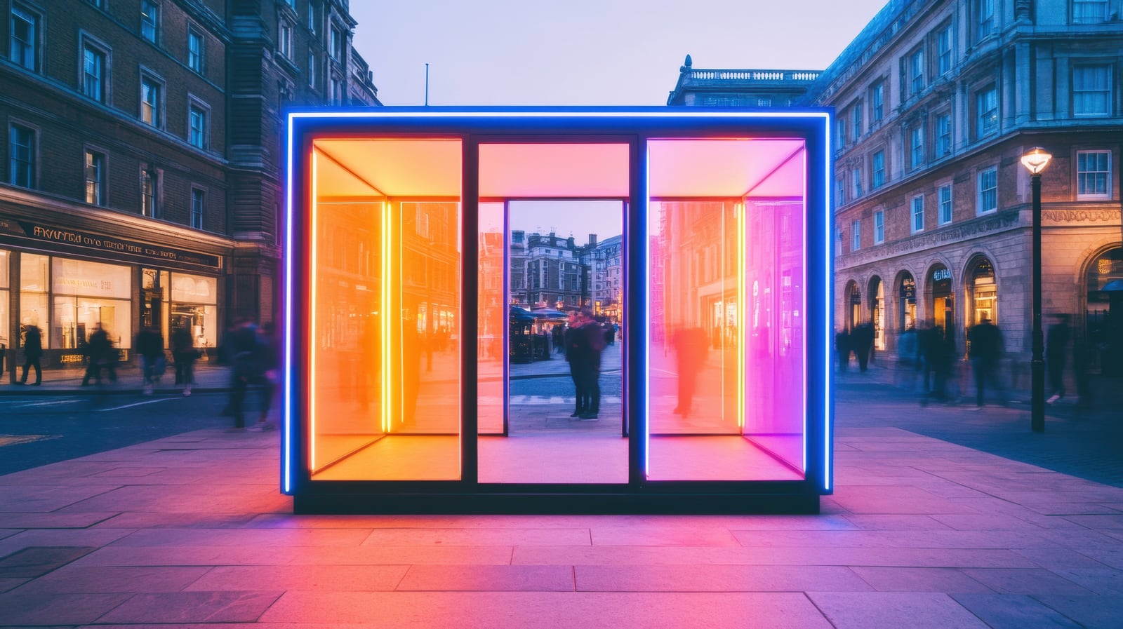 Galerie voûtée mise en lumière, visiteurs en silhouette.