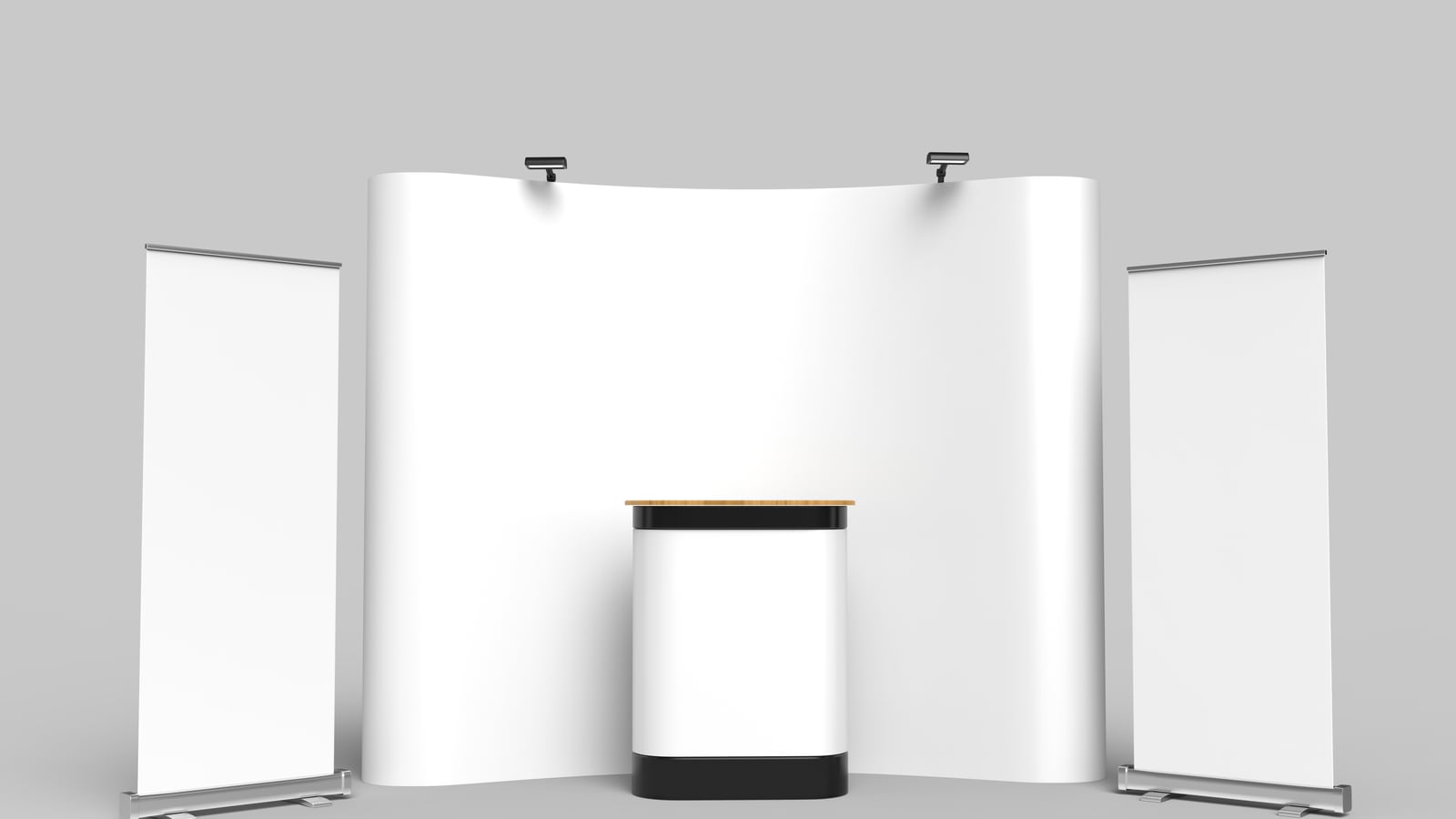 Stand portable : kiosque blanc et comptoir, sur fond neutre.