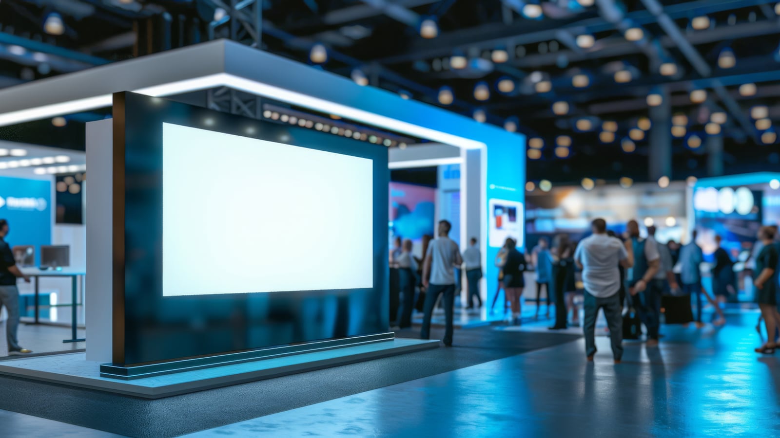 Stand modulaire : grand écran lumineux et structure claire dans une allée de salon.