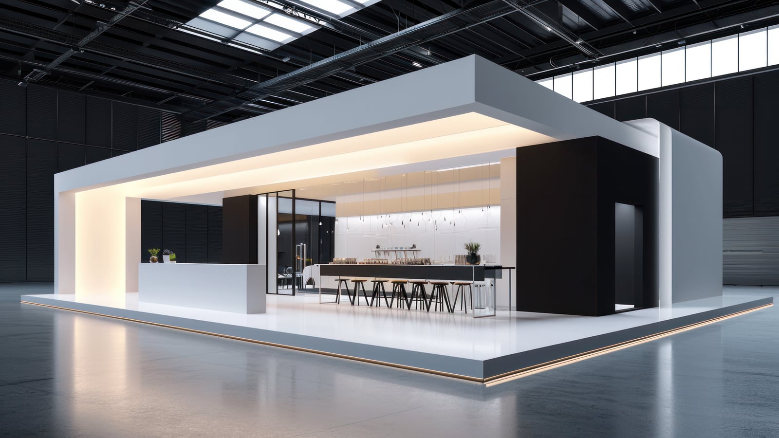 Stand sur mesure : volume blanc ouvert sur un comptoir et ses assises.