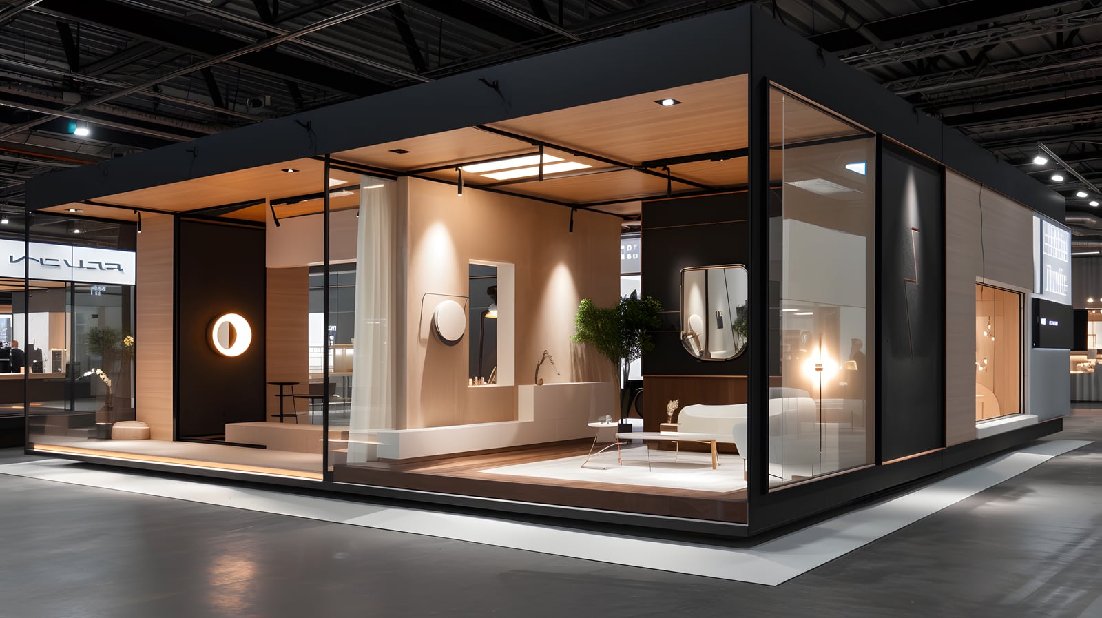 Stand d’exposition sur mesure, structure sombre et vitrines éclairées.